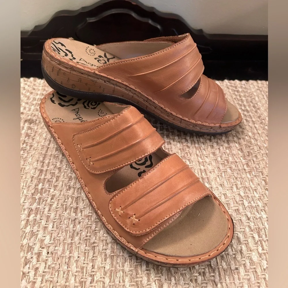 Propet June Sandal Slide Wedge Comfort Brown Leather Adjustable WSO001L Women 10